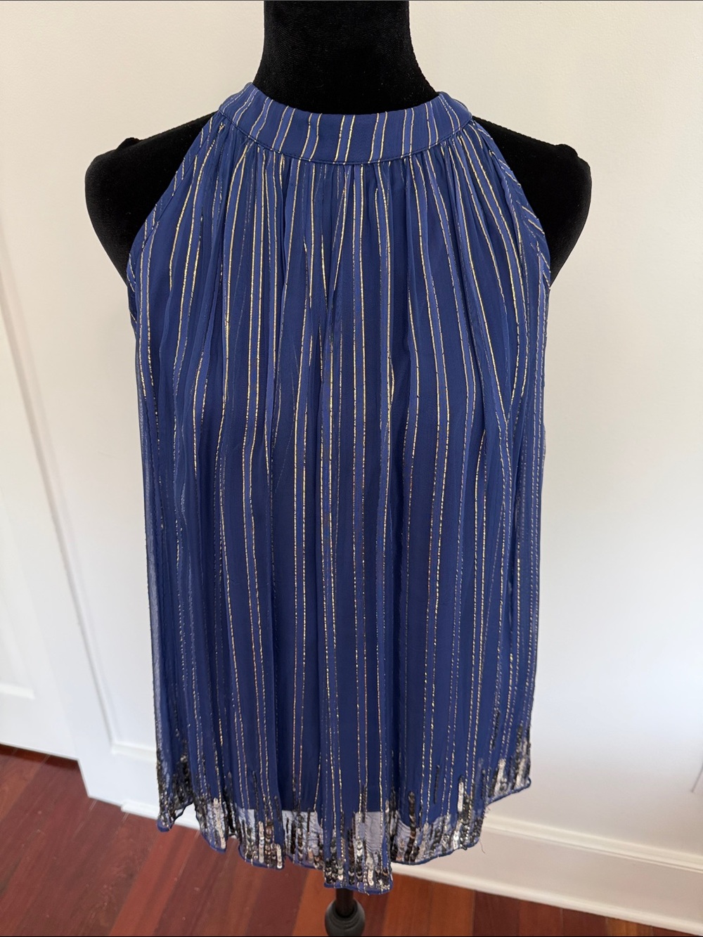 Ranna Gill Navy Blue Metallic-Striped A-Line Skirt